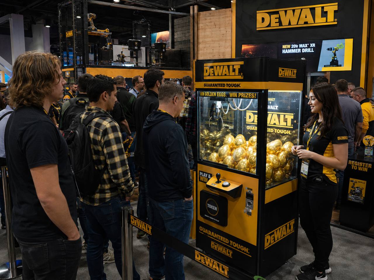 DeWalt branded Drop Zone unit at trade show with Golden Egg prizes