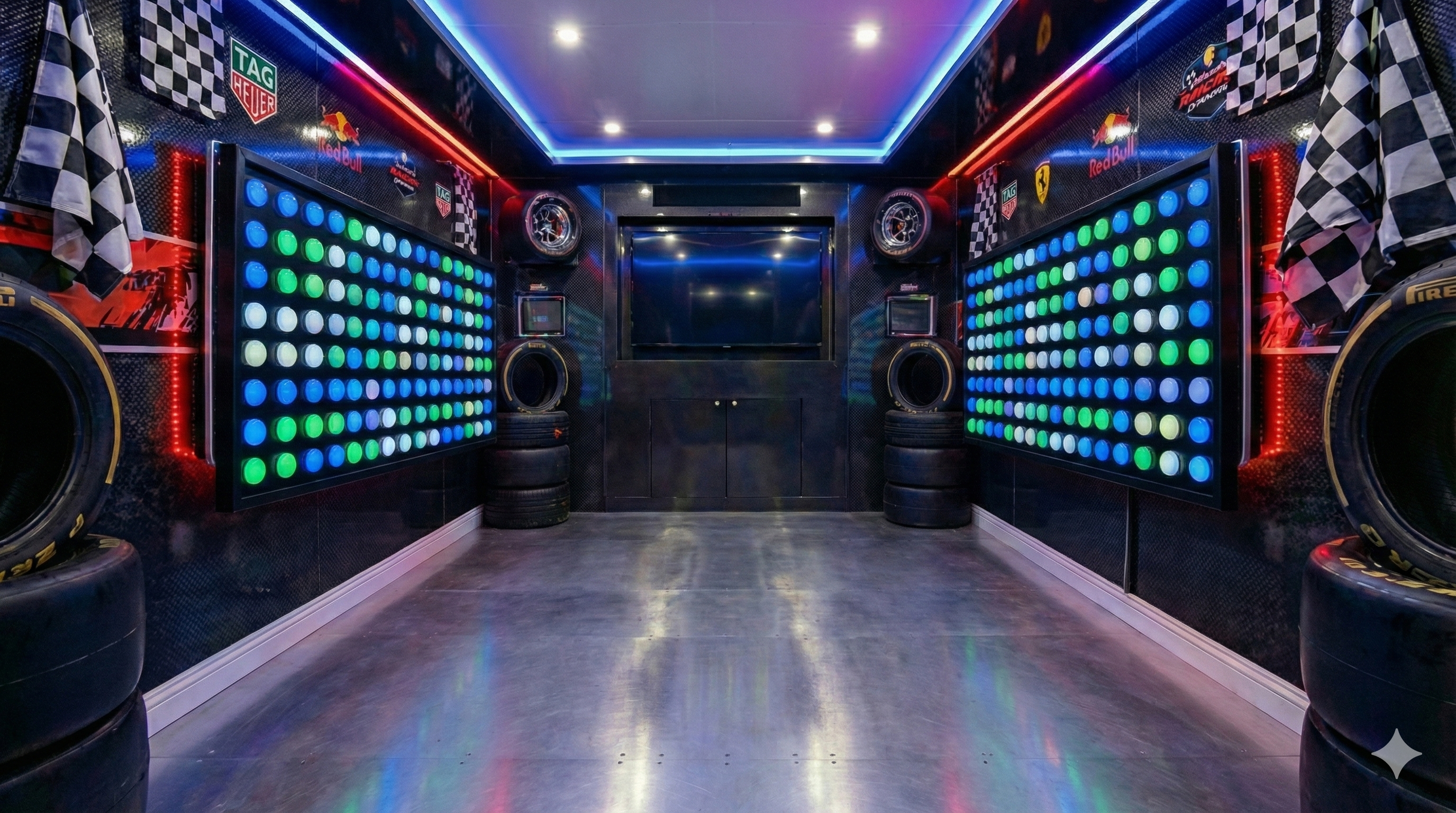 Reaction Labs trailer interior with LED walls and competition stations